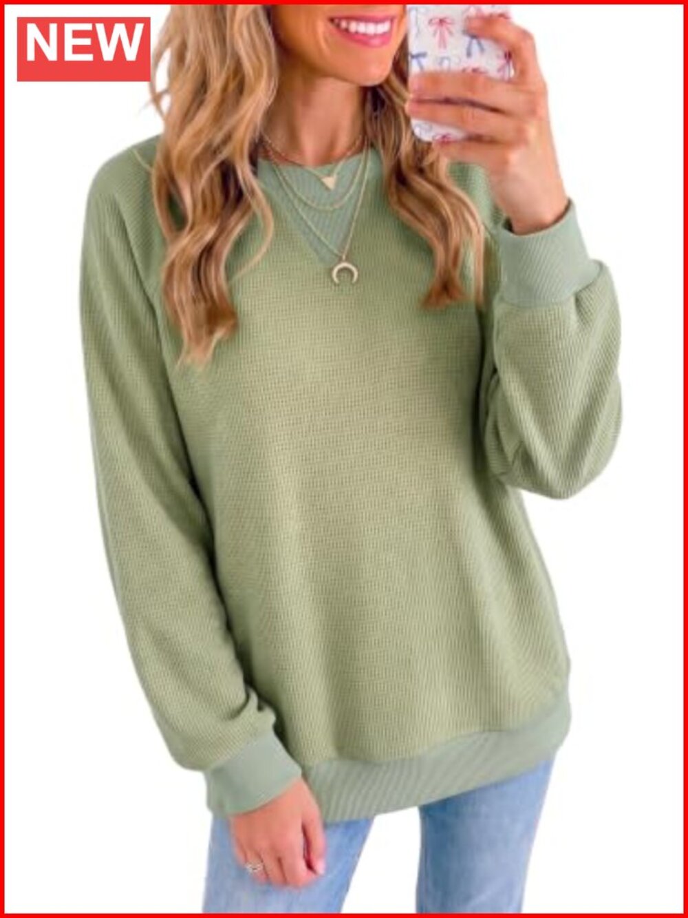 Waffle Knit Long Sleeve Crewneck Sweatshirt Oversized Pullover